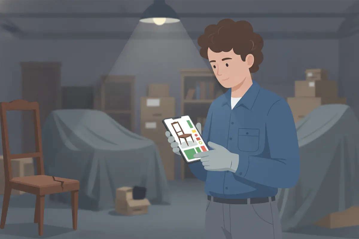 Digital contents inventory record showing item identity, photo, location, and status