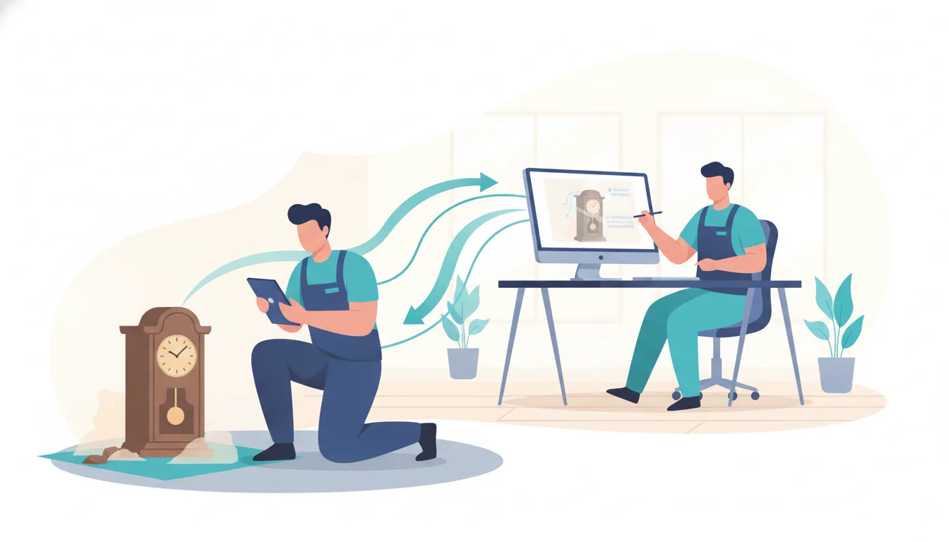 Restoration technician and office manager connecting field records for estimating