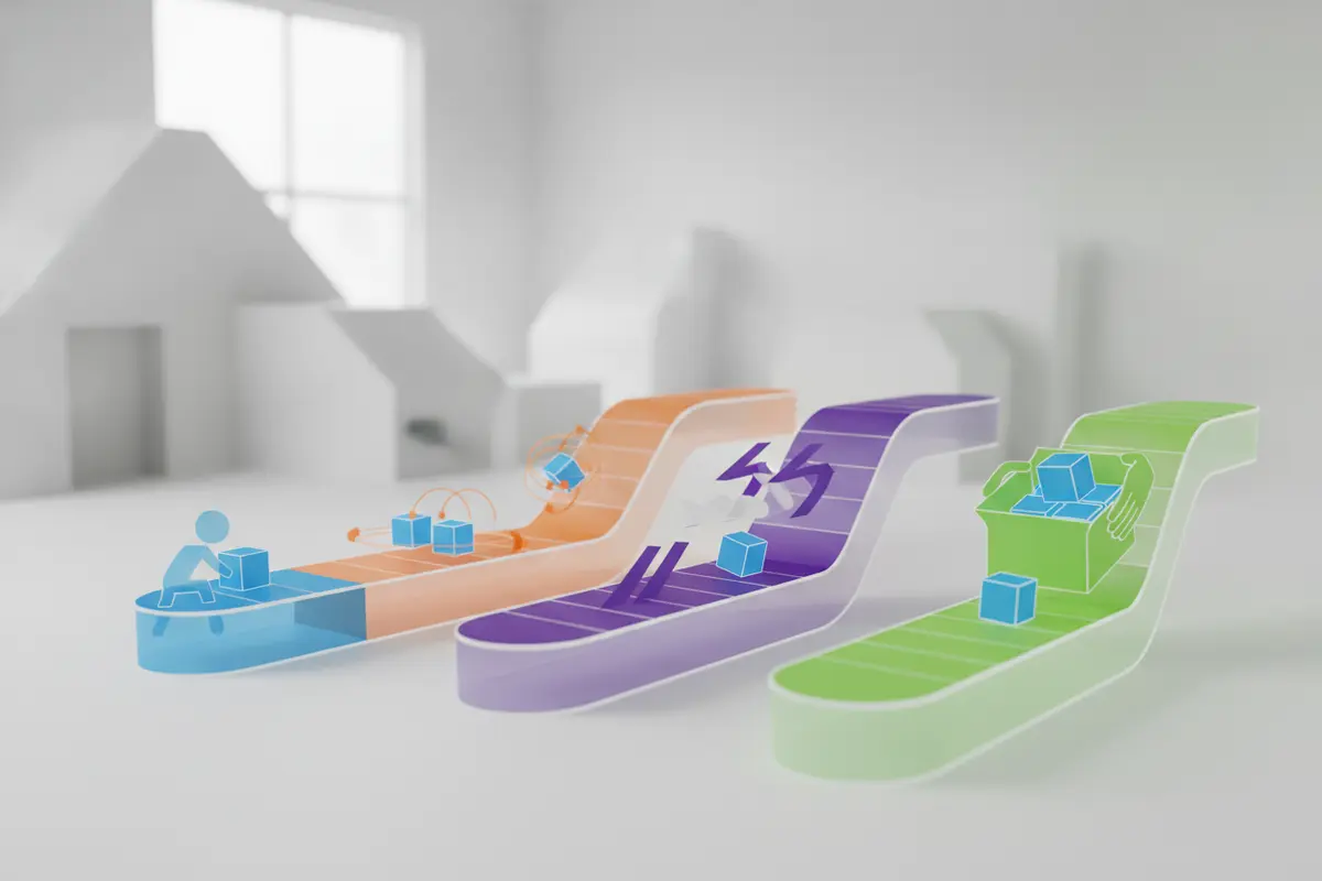 Illustration of contents moving through digital warehouse status stages