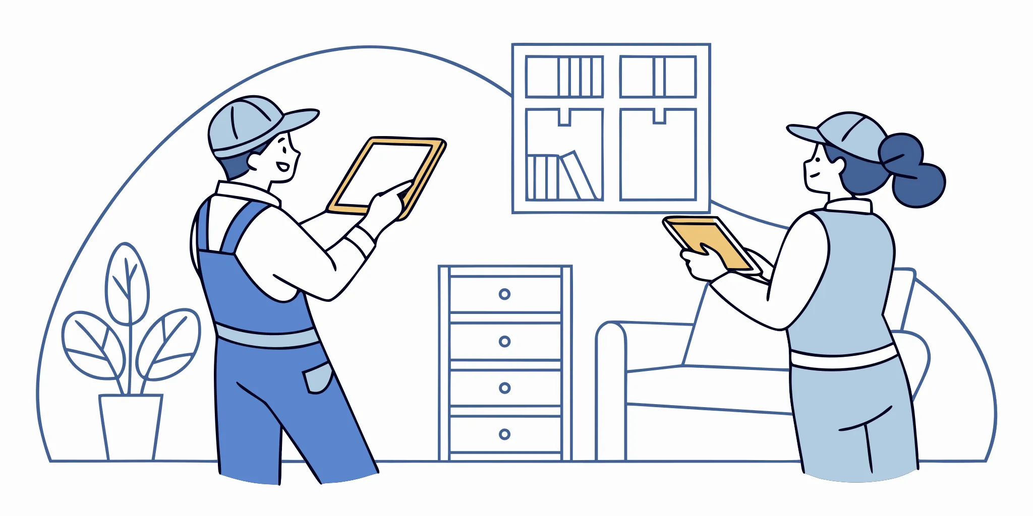 Two contents restoration professionals documenting household items with tablets during an inspection