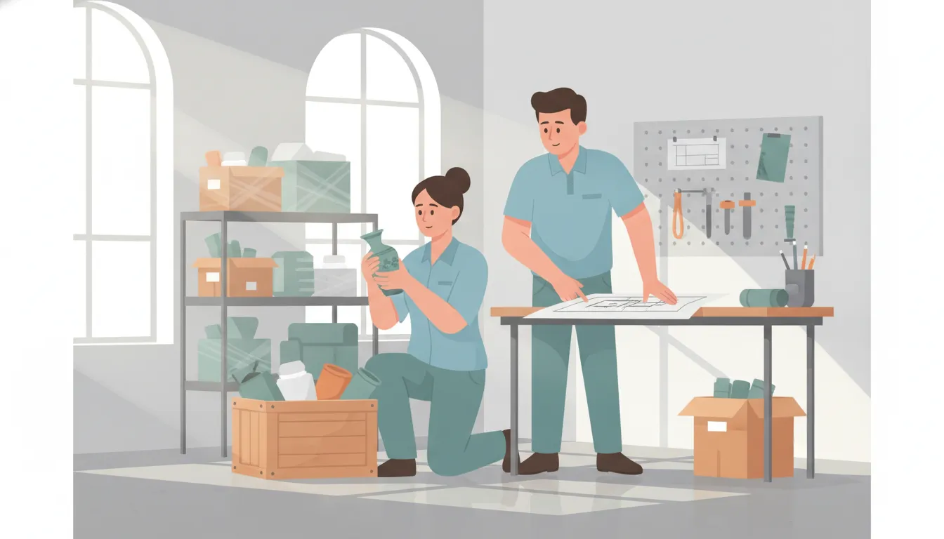 Illustration of a restoration team member inspecting household contents in a bright workshop
