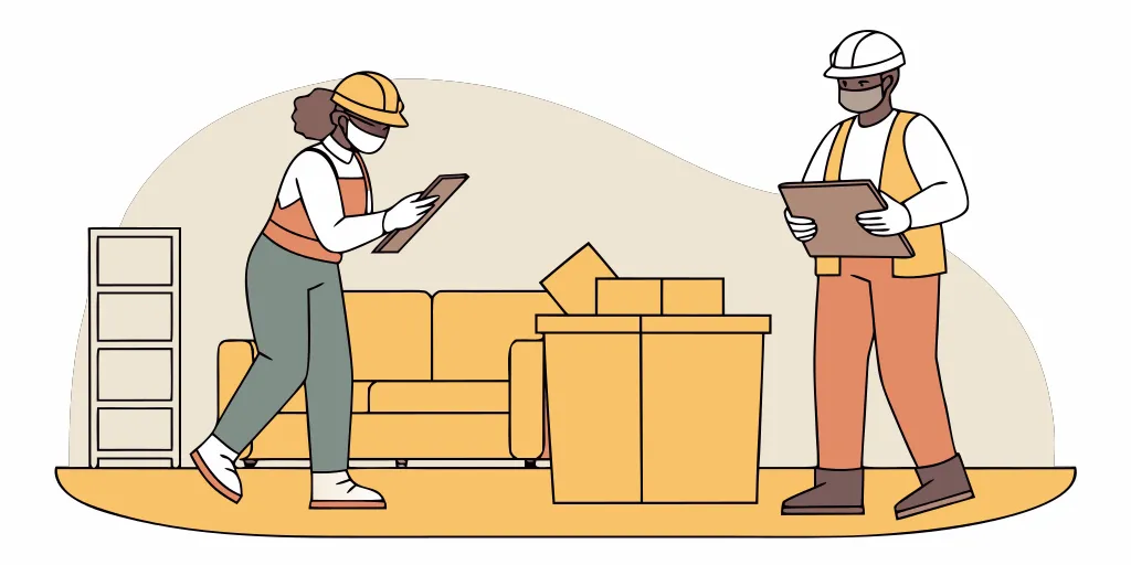 Restoration technician packing household items into labeled bins while a project manager logs the inventory on a tablet