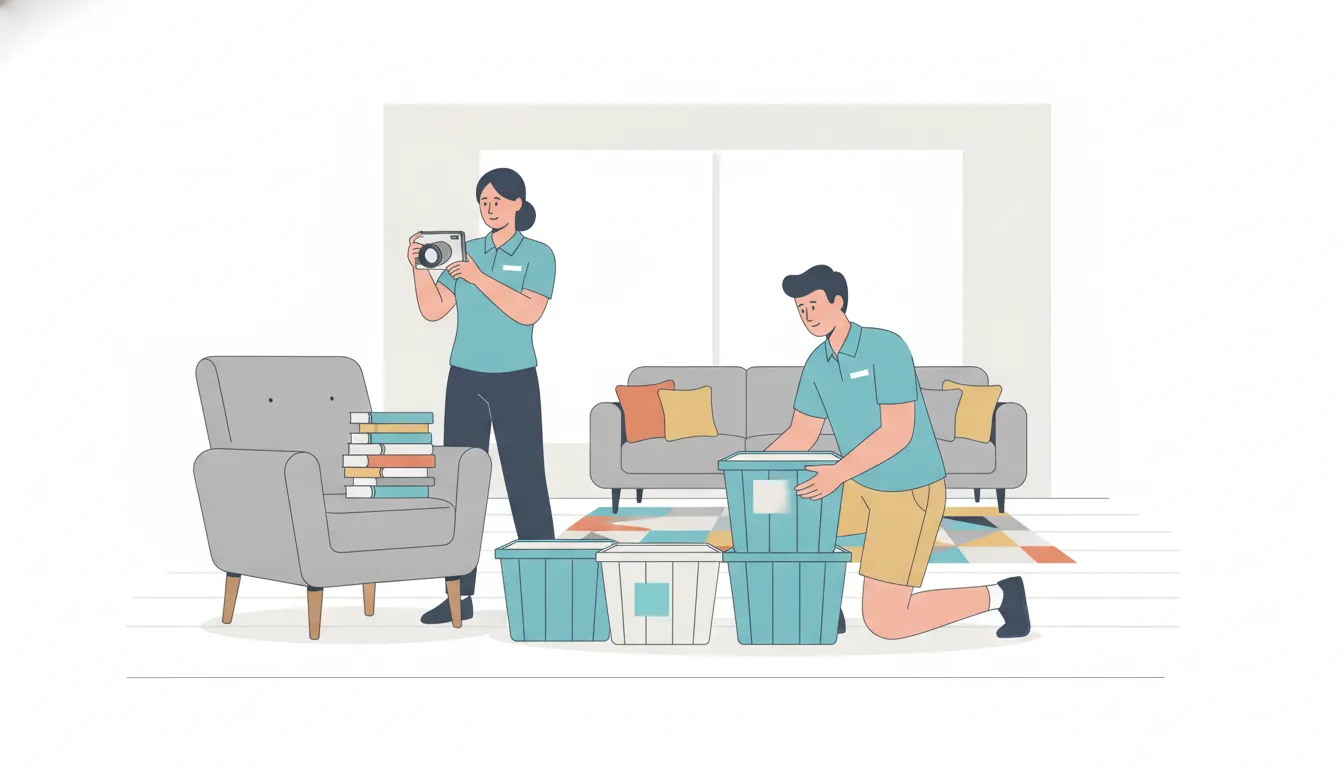 Contents restoration contractors photographing and organizing damaged items for an insurance claim