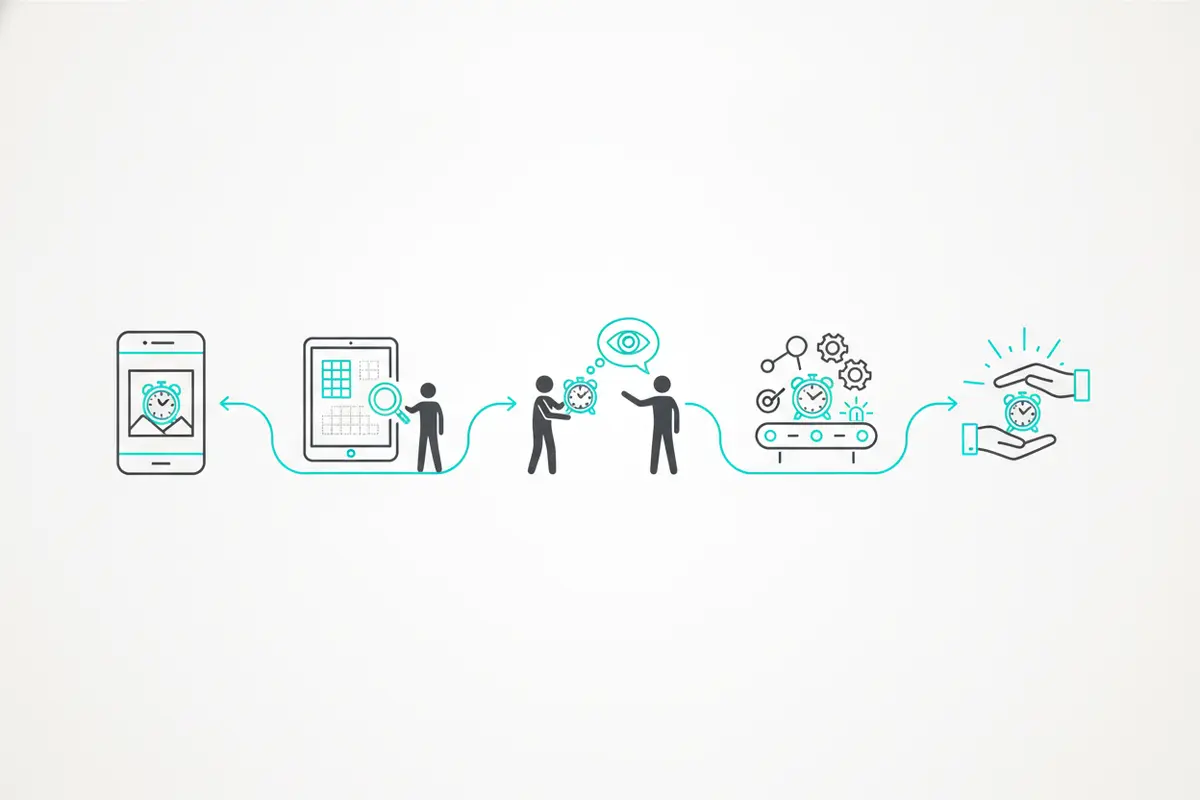 Vector illustration of a digital contents inventory moving through capture, human review, production status, and completion checkpoints