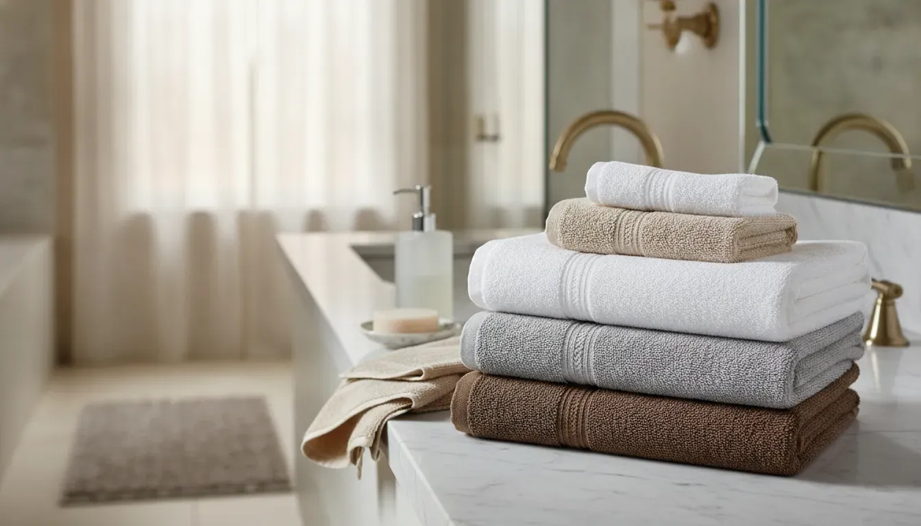 Coordinated luxury Amalfi towel collection folded on a marble bathroom vanity