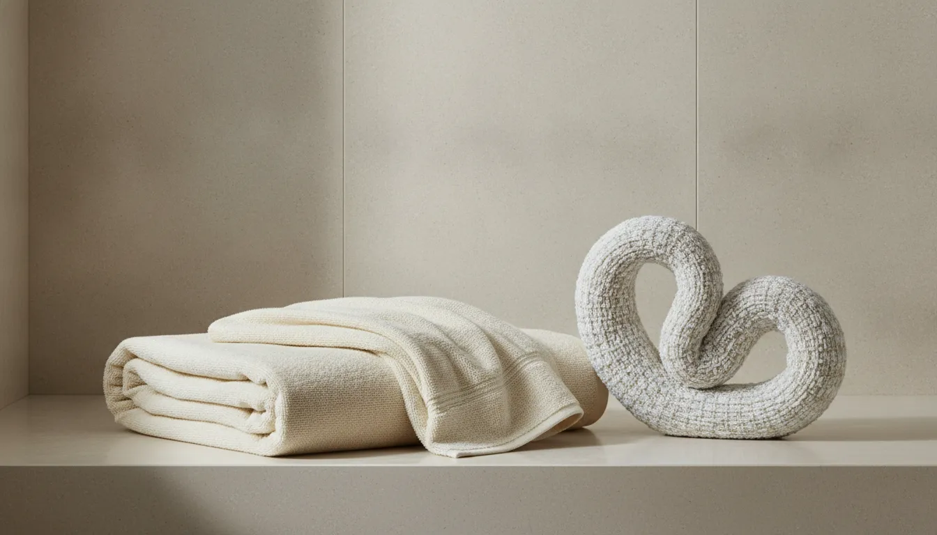 Ivory Egyptian cotton bath sheet beside a Turkish cotton towel in a luxury bathroom
