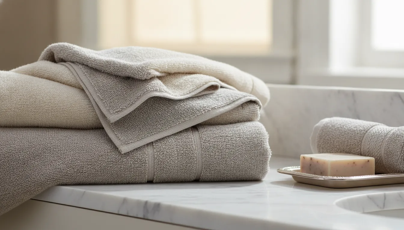 Layered best bath towels showing plush neutral textures