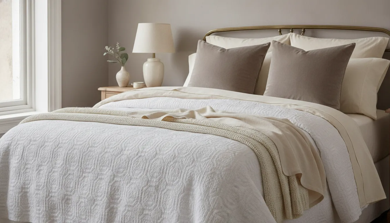 Queen bed layered with a white cotton matelasse coverlet