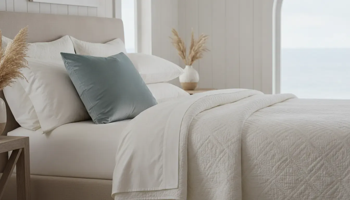 Tonal coastal bedroom decor luxury with a textured coverlet and sea-glass pillow
