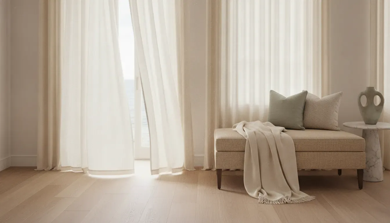 Luxury coastal bedroom with elegant drapery panels and a relaxed throw