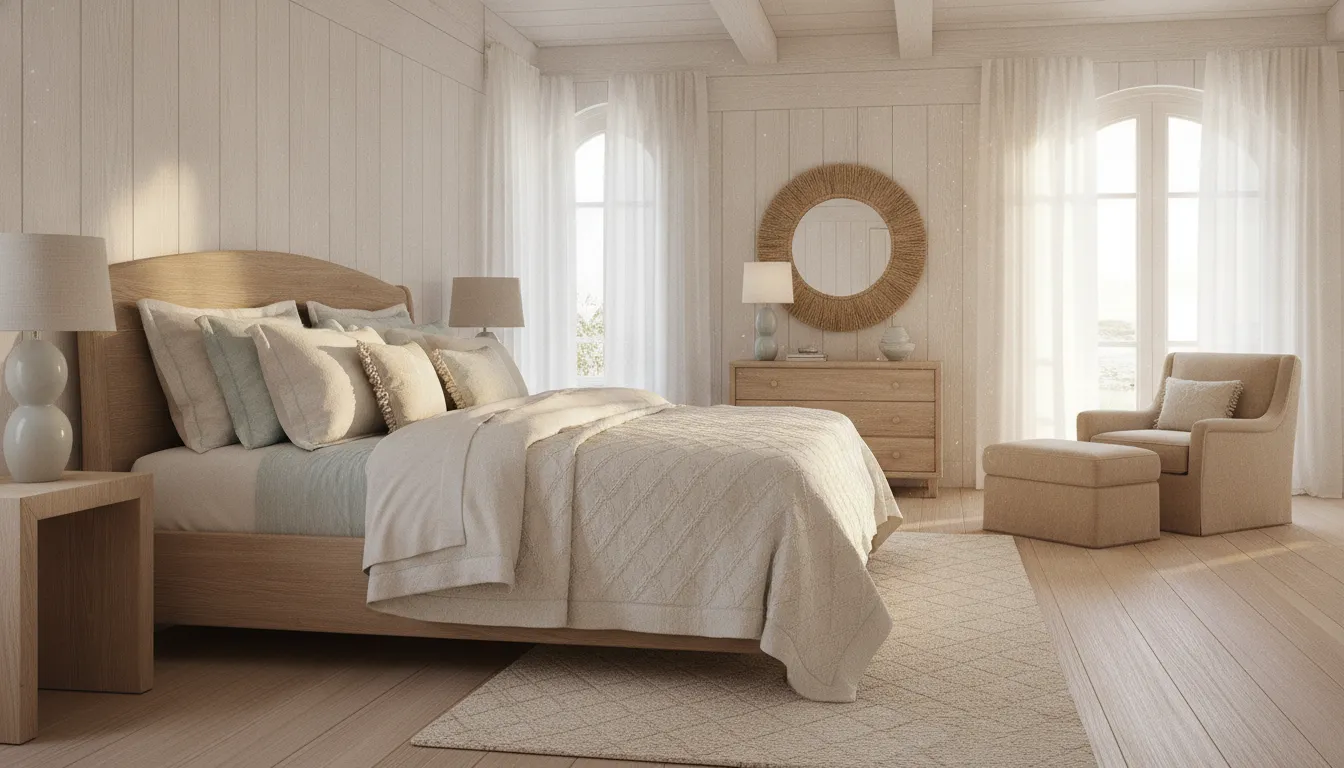 Layered ivory and sea-glass blue coastal bedding in an elegant beach house bedroom