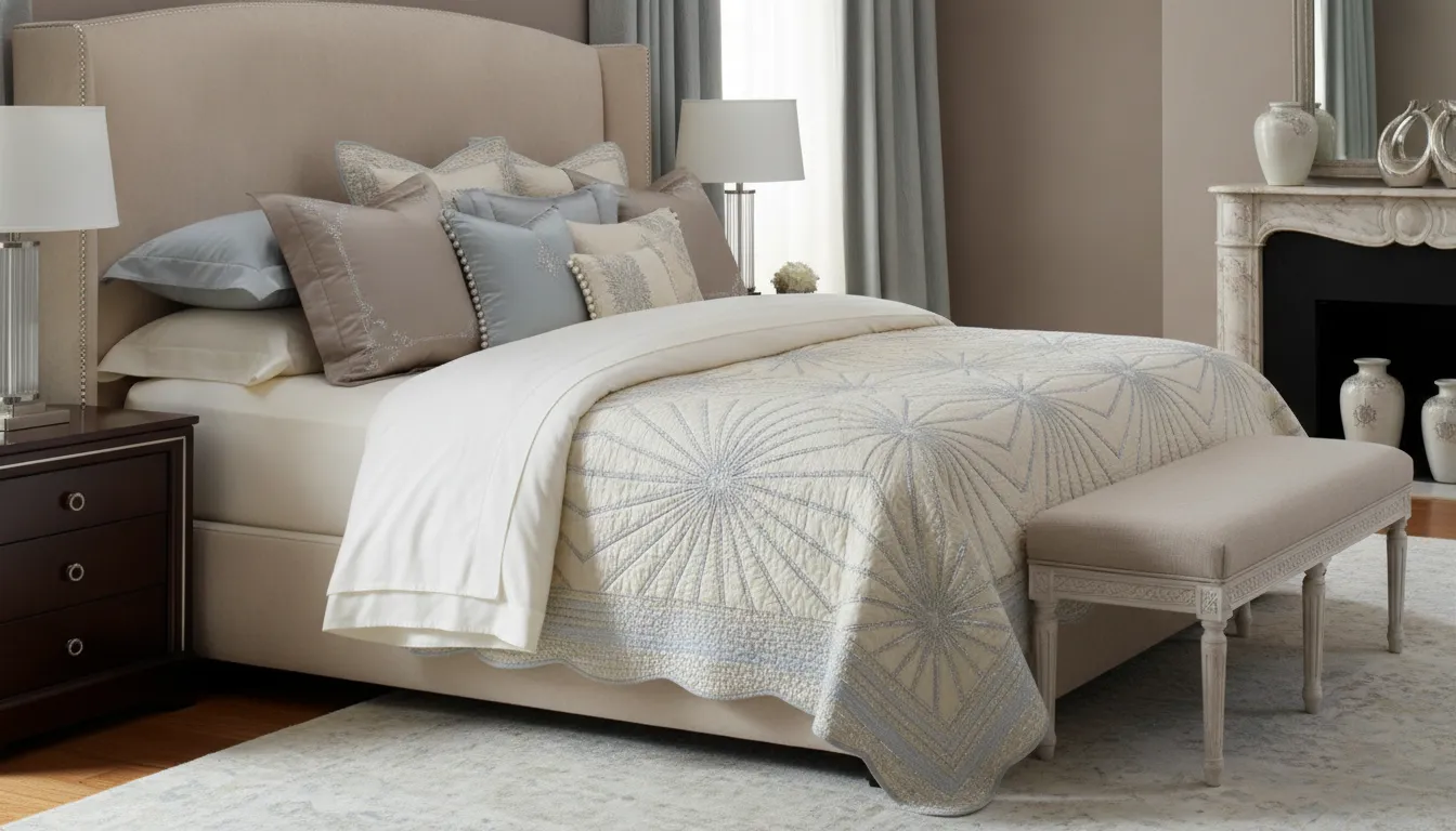 Handcrafted quilted coverlet layered with luxury bedding