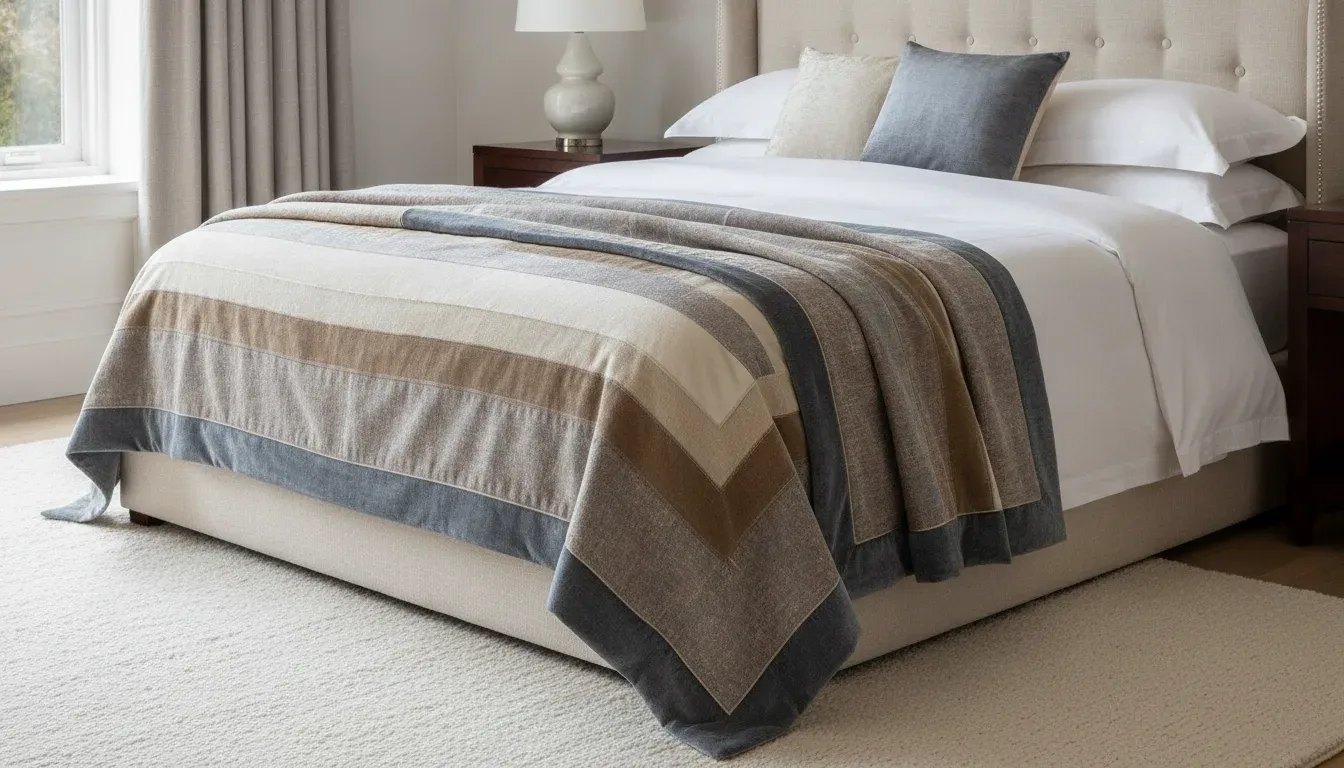 Custom made-to-order throw draped across a luxury bed in soft neutral tones