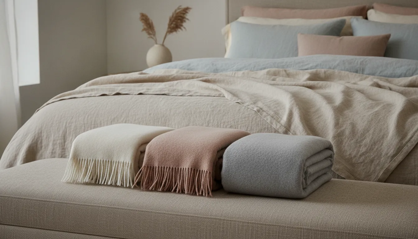 Neatly folded muted luxury throws on an upholstered bench at the foot of a bed in a refined master bedroom