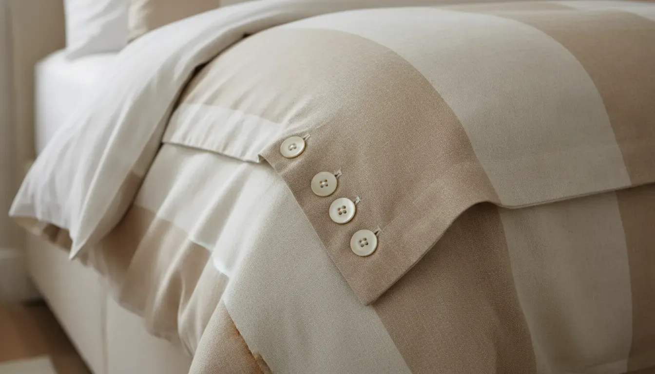 Close view of a tailored duvet cover closure and layered bedding texture