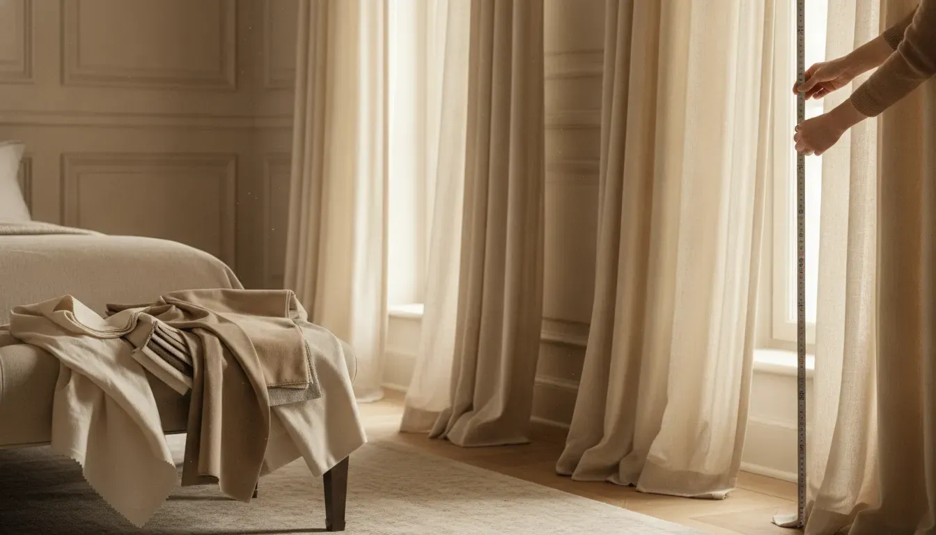 A designer checks the window area beside ivory custom drapery panels