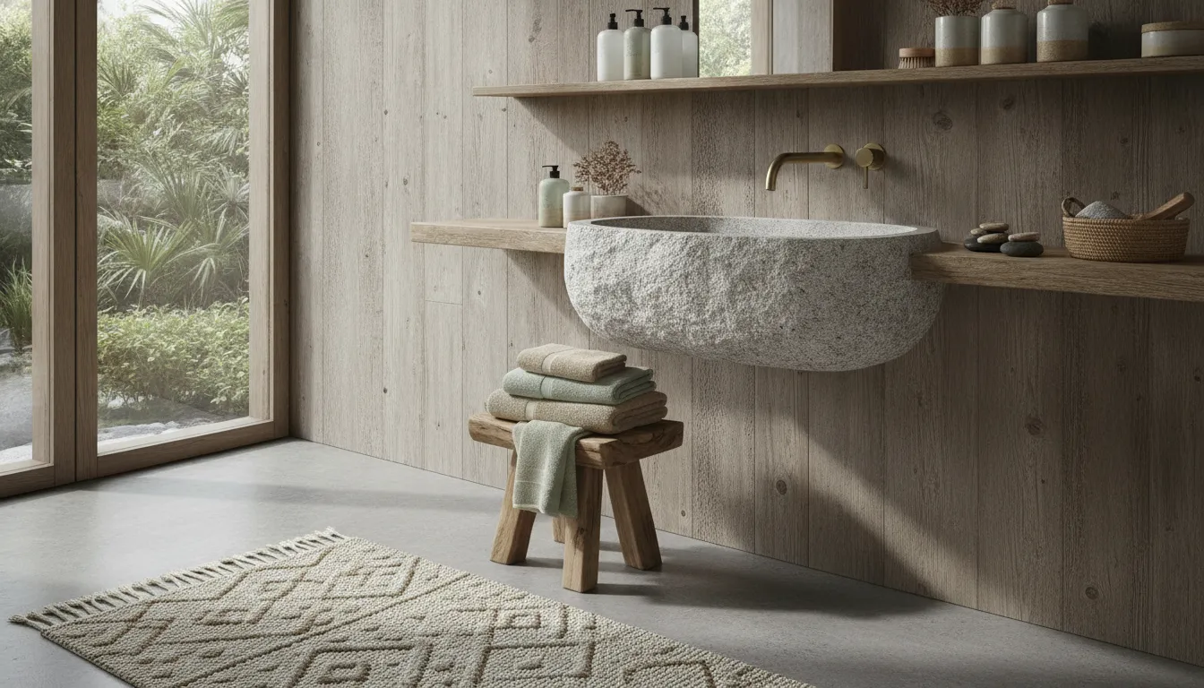 Luxury eco-conscious bath towels in a serene spa bathroom