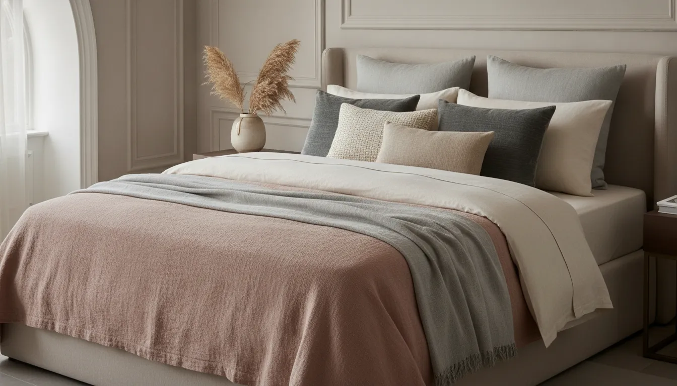 King-size European flax linen bed styled with layered pillows and a throw