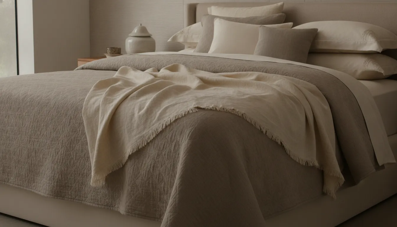 Natural European flax linen texture on a layered king bed