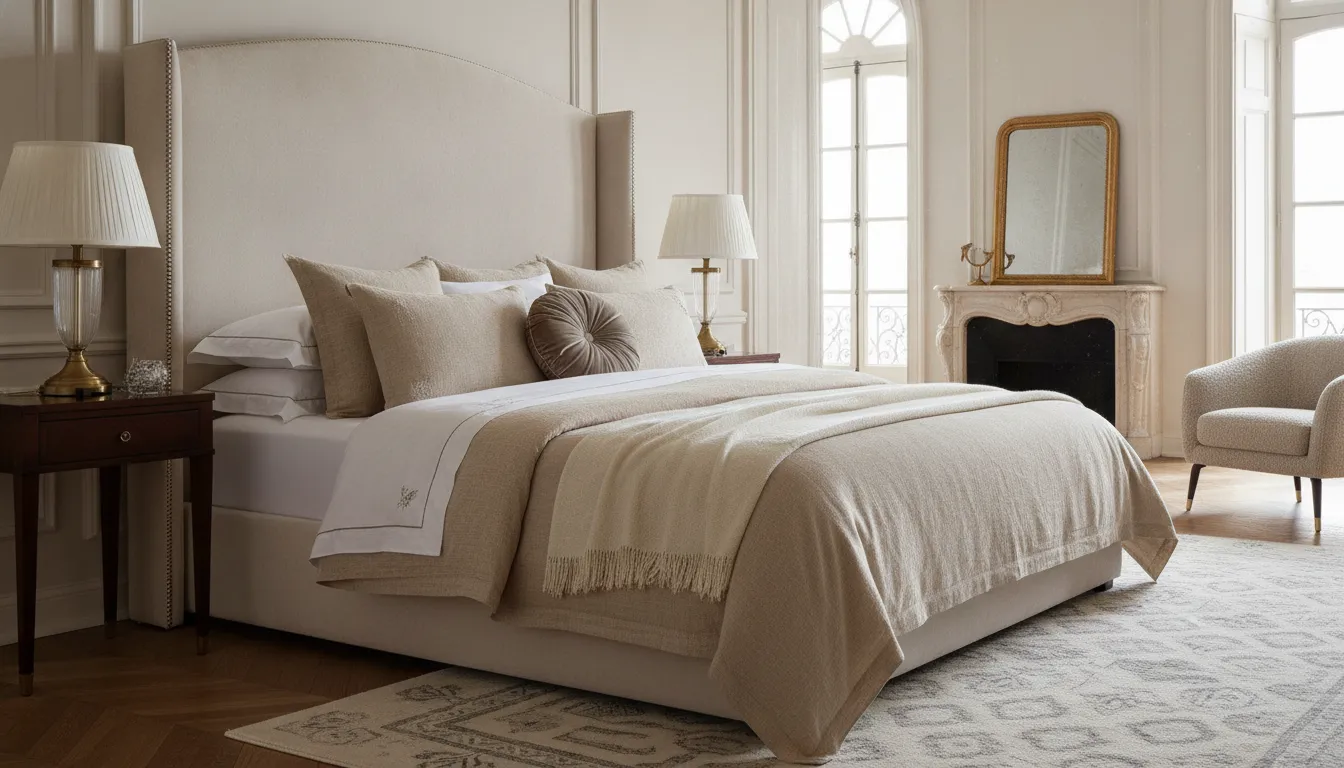 Luxury headboard in an elegantly layered neutral bedroom