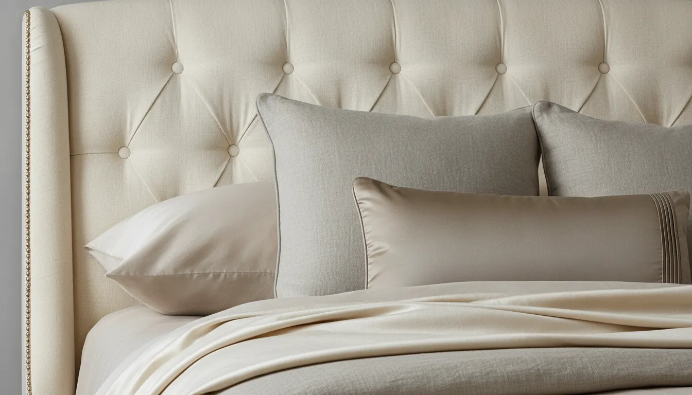 Close-up of luxury headboard upholstery and layered bedding textures