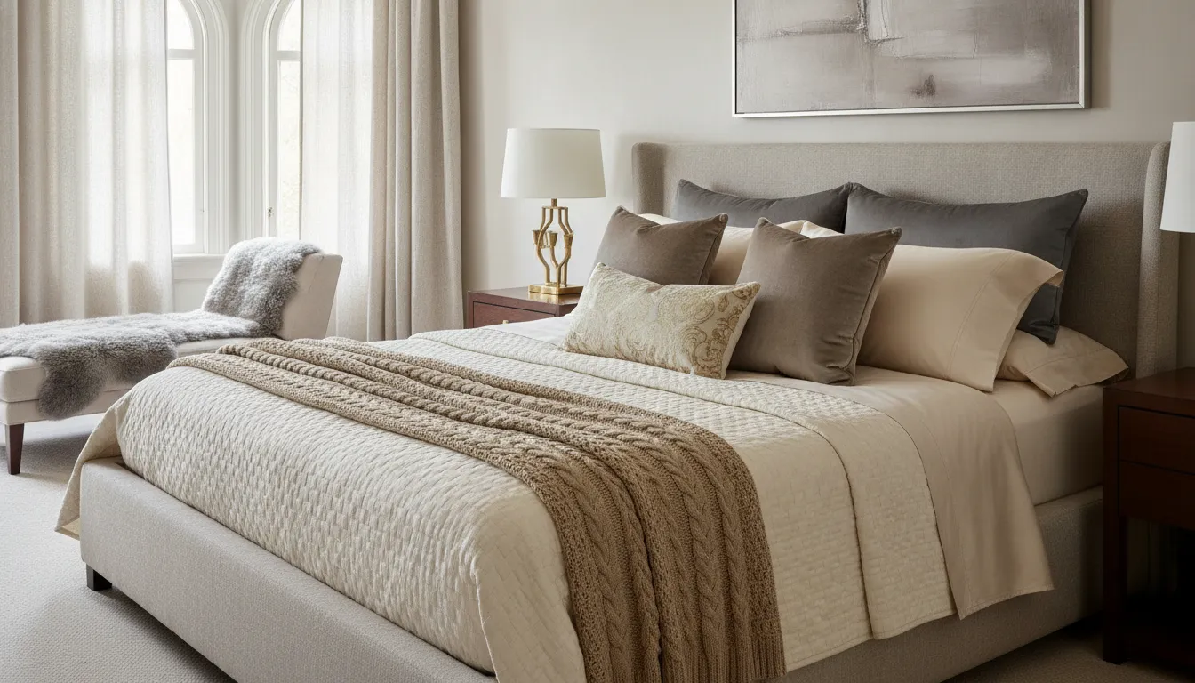 Layered designer bedroom showing high end bedding brands with decorative pillows and a quilted coverlet