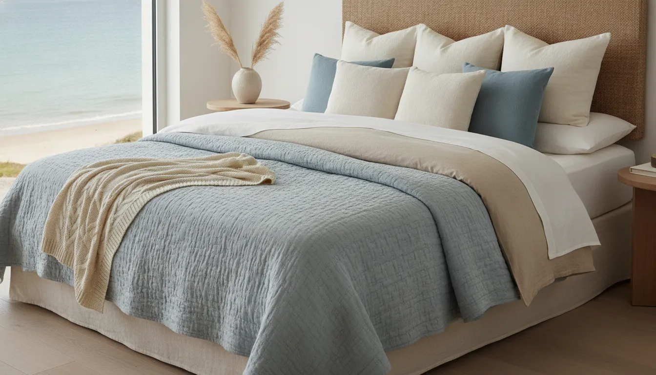 Refined coastal king bed layered with linen, matelasse, and decorative pillows