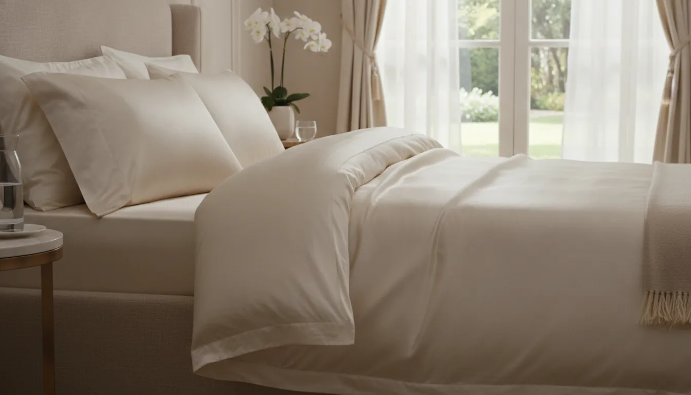 Luxury silk duvet cover styled on an elegant neutral bed