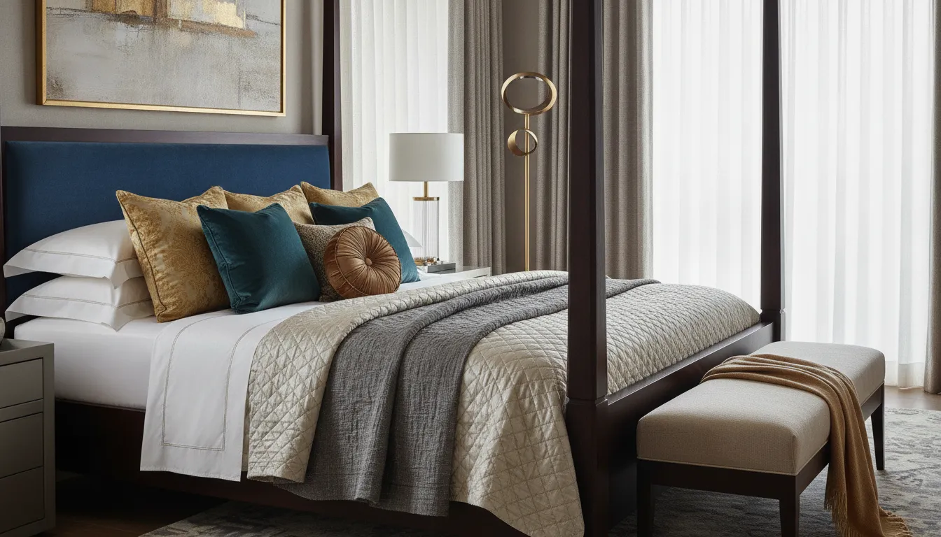 Luxury layered bed with quilted coverlet, duvet, and decorative pillows in neutral tones