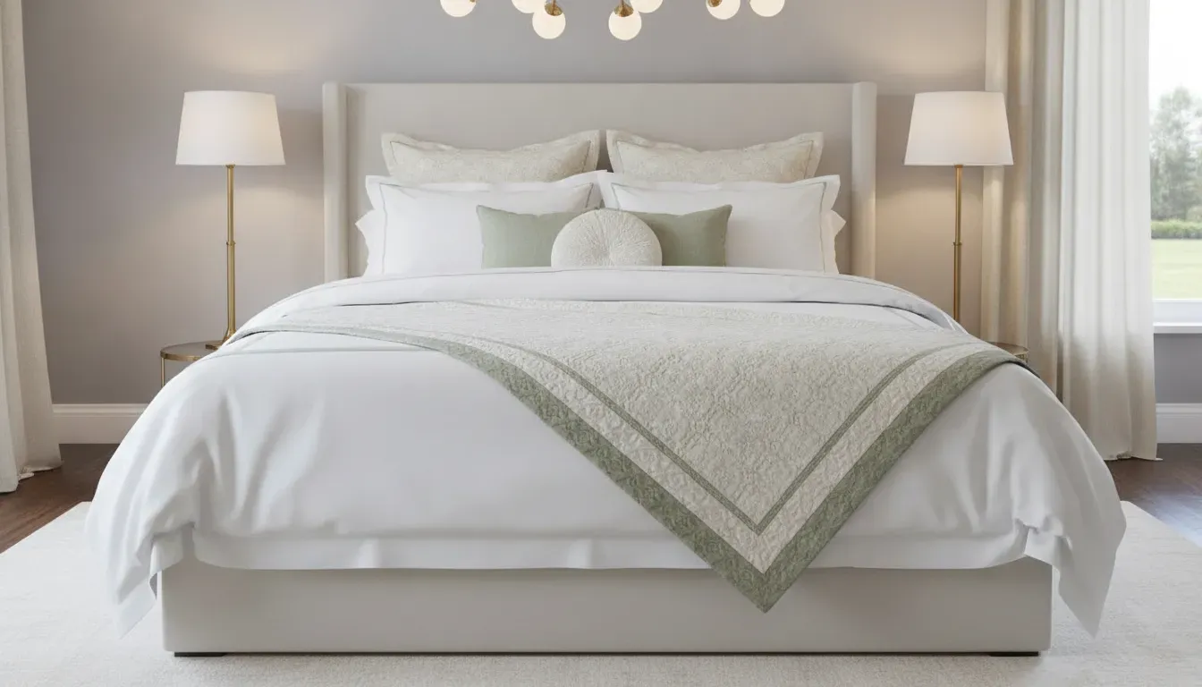 Quilted coverlet styled as a tri-fold runner at the foot of a luxury bed with ivory decorative pillows and shams