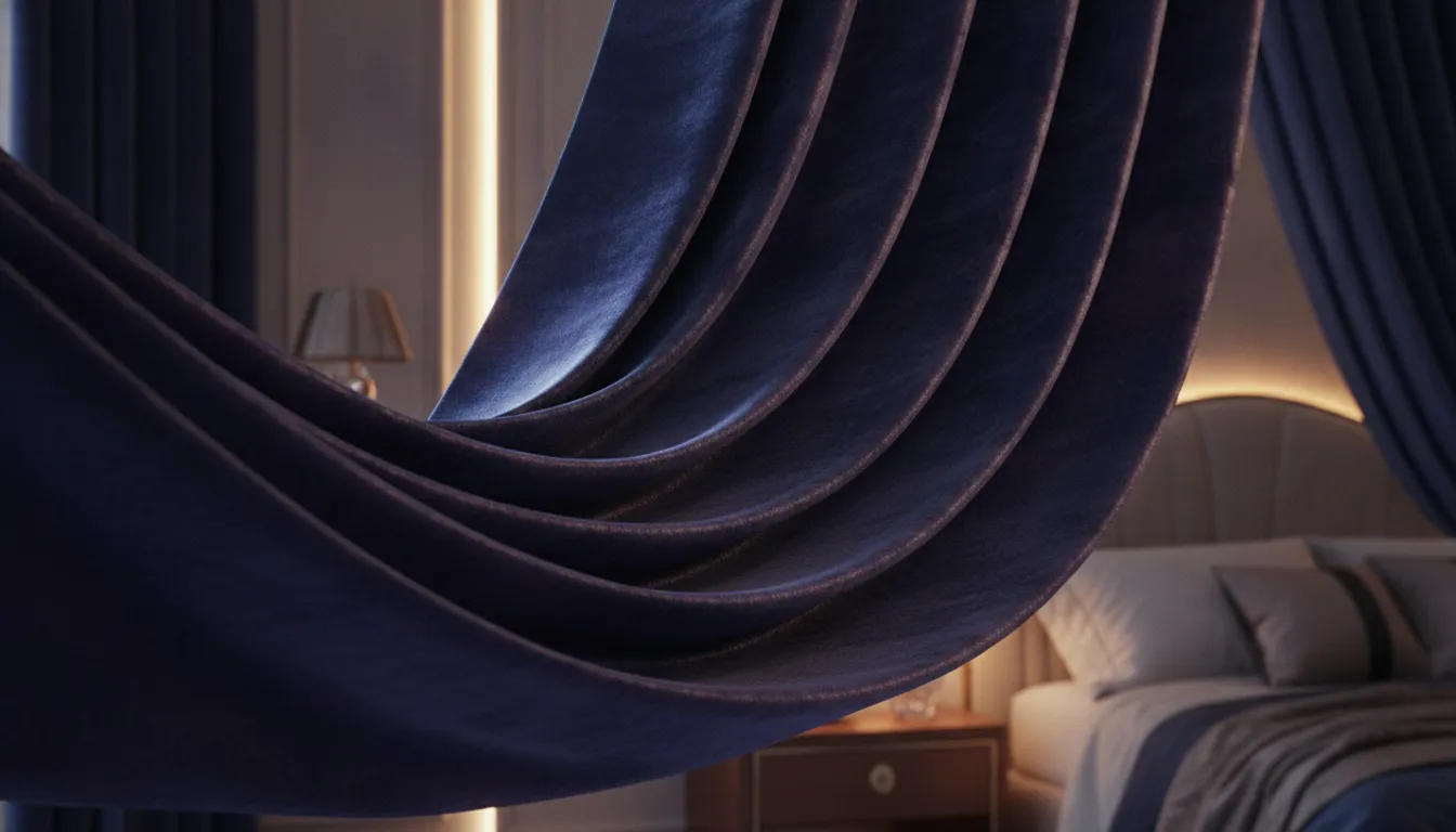Luxurious silk velvet drapery fabric close-up hanging in elegant folds