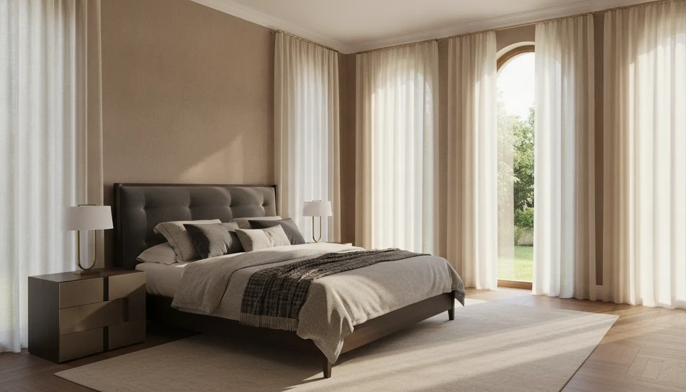 Elegant master bedroom windows dressed with European linen drapery panels