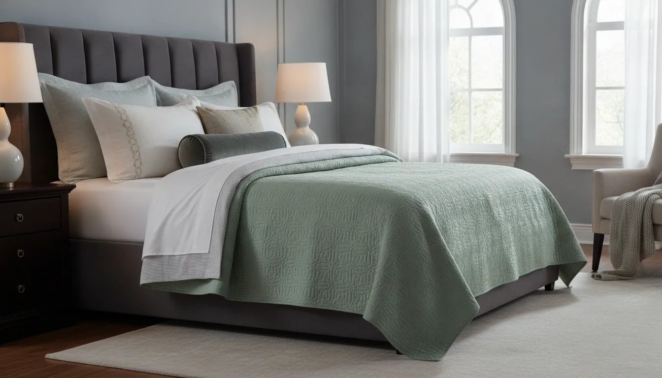 Layered luxury bed with a quilted bamboo coverlet, sheets, and decorative pillows