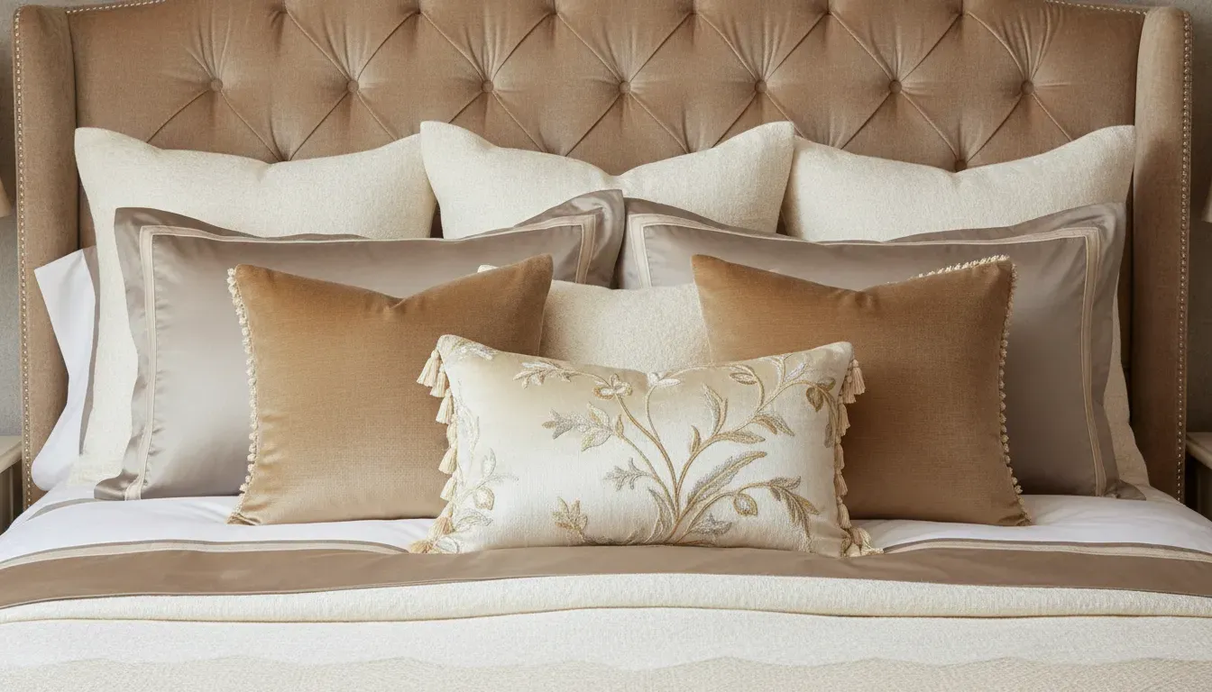 Designer pillow hierarchy on a luxury bed showing euro shams, standard shams, and decorative velvet pillows layered in front