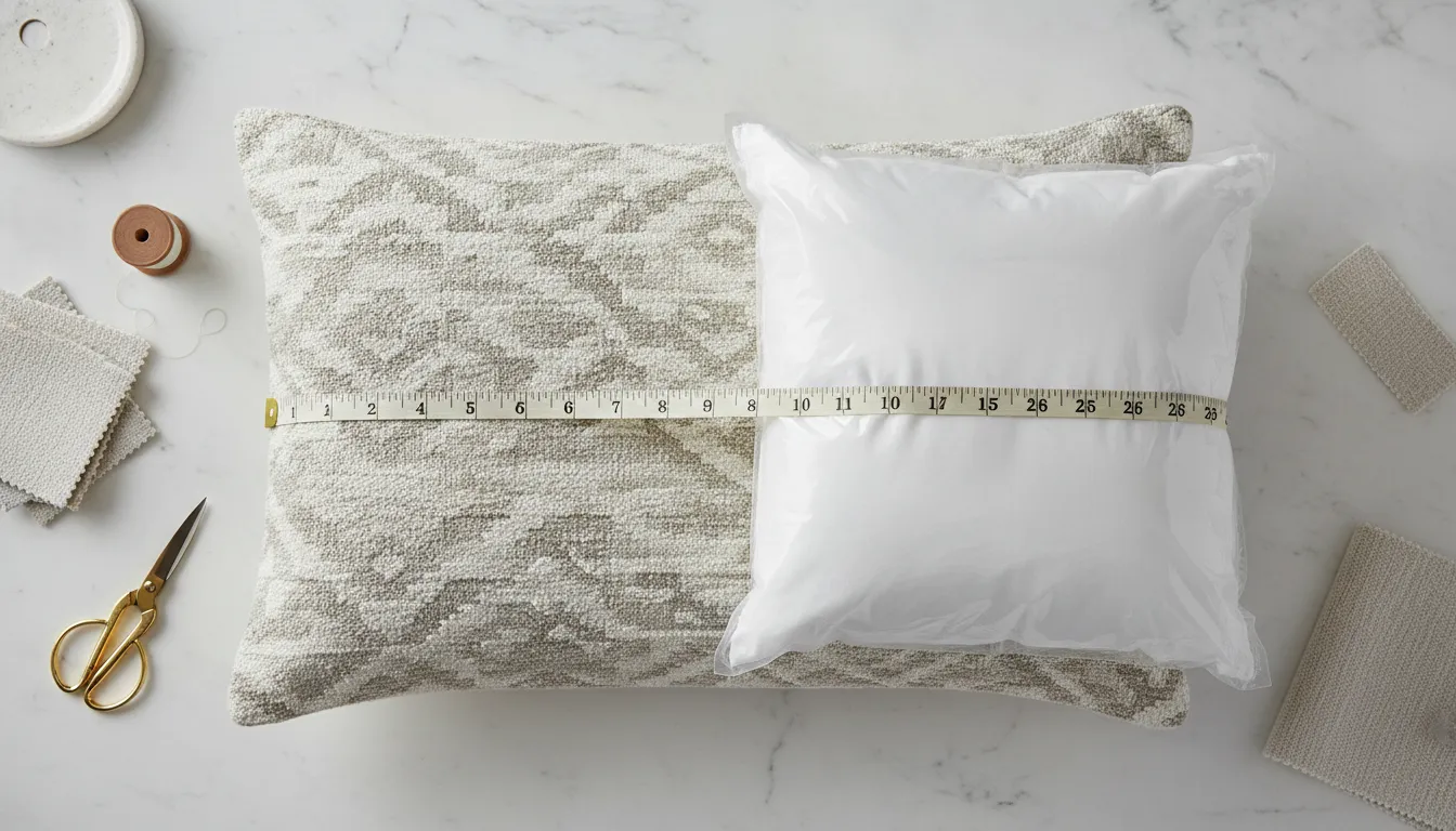 Flat lay of a decorative pillow cover with measuring tape and a plush pillow insert nearby showing how to measure a pillow insert