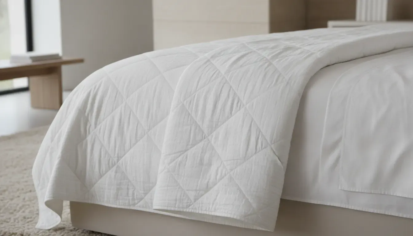 White cotton quilt folded across a California king bed with subtle stitched texture