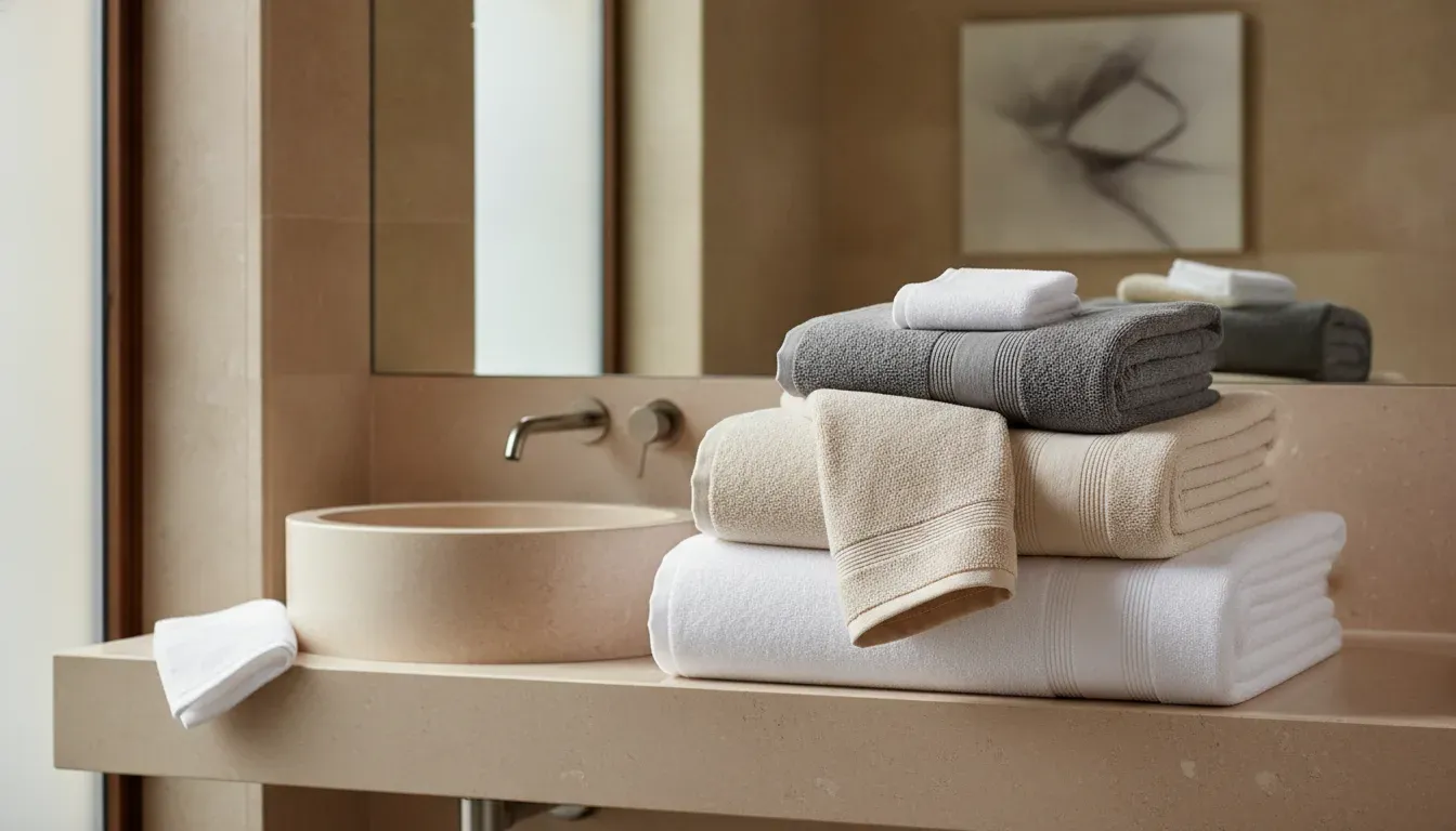 Coordinated luxury bath towel set with bath, hand, and face towels in neutral tones