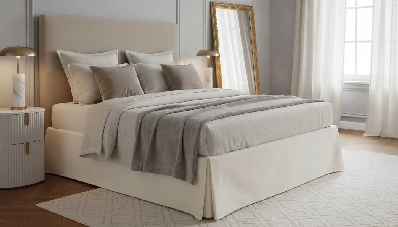 Modern bed skirts styled with luxury linen bedding and decorative pillows