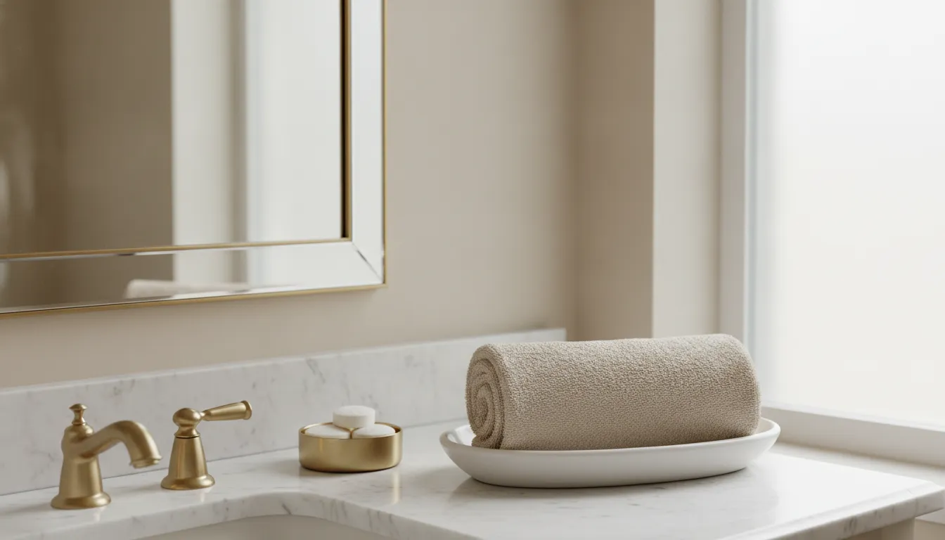 Elegant rolled luxury bath towels arranged for a spa-style bathroom refresh