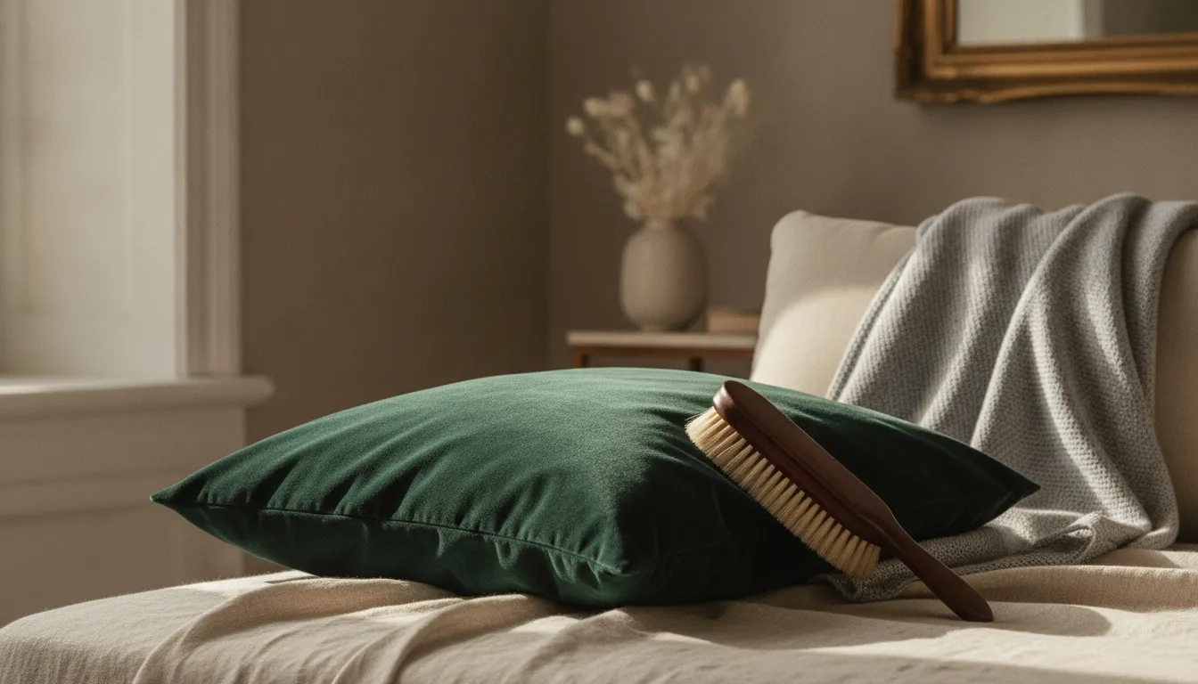 Gentle care tools beside a velvet decorative pillow