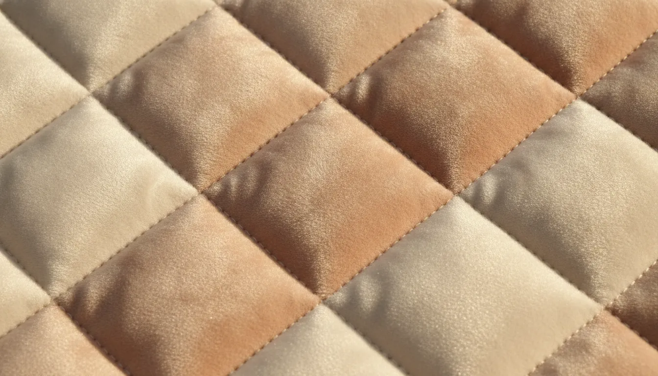 Close detail of handcrafted diamond quilted silk velvet with fine, precise stitching