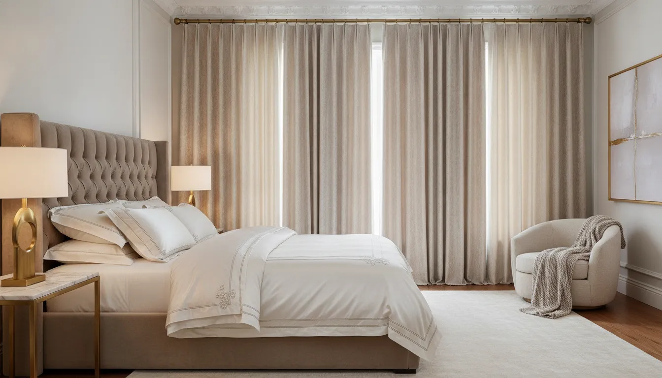 Elegant floor-to-ceiling drapery panels in a luxury bedroom with soft natural light filtering through the fabric