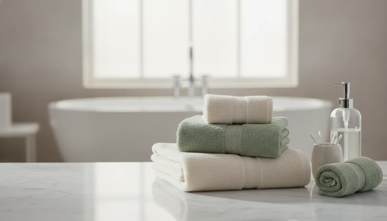 Plush luxury bath towels in soft tones folded on a marble vanity, showing spa-grade toweling