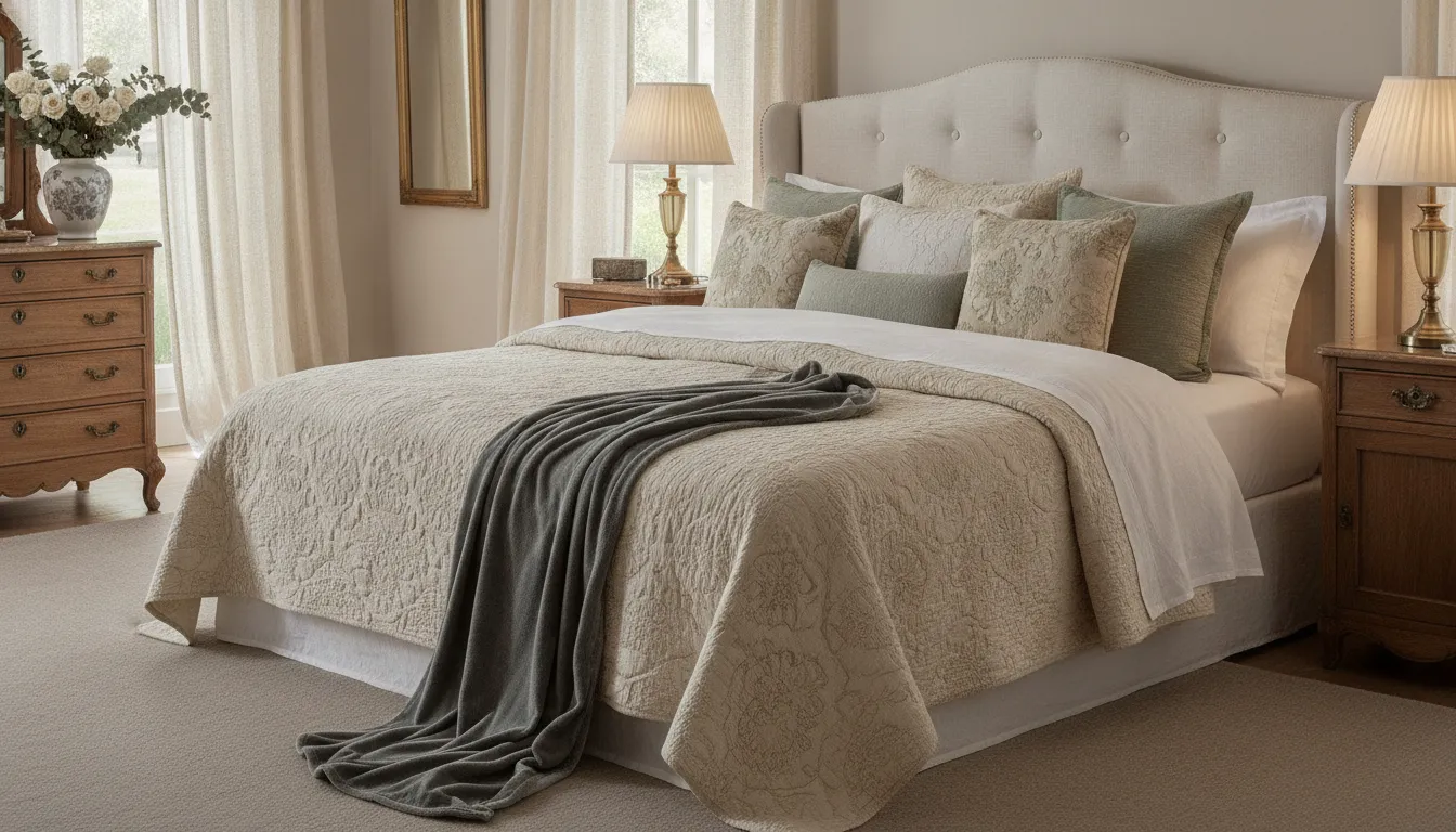 Elegant luxury king bed dressed with a vintage-inspired ivory quilted coverlet and layered pillows