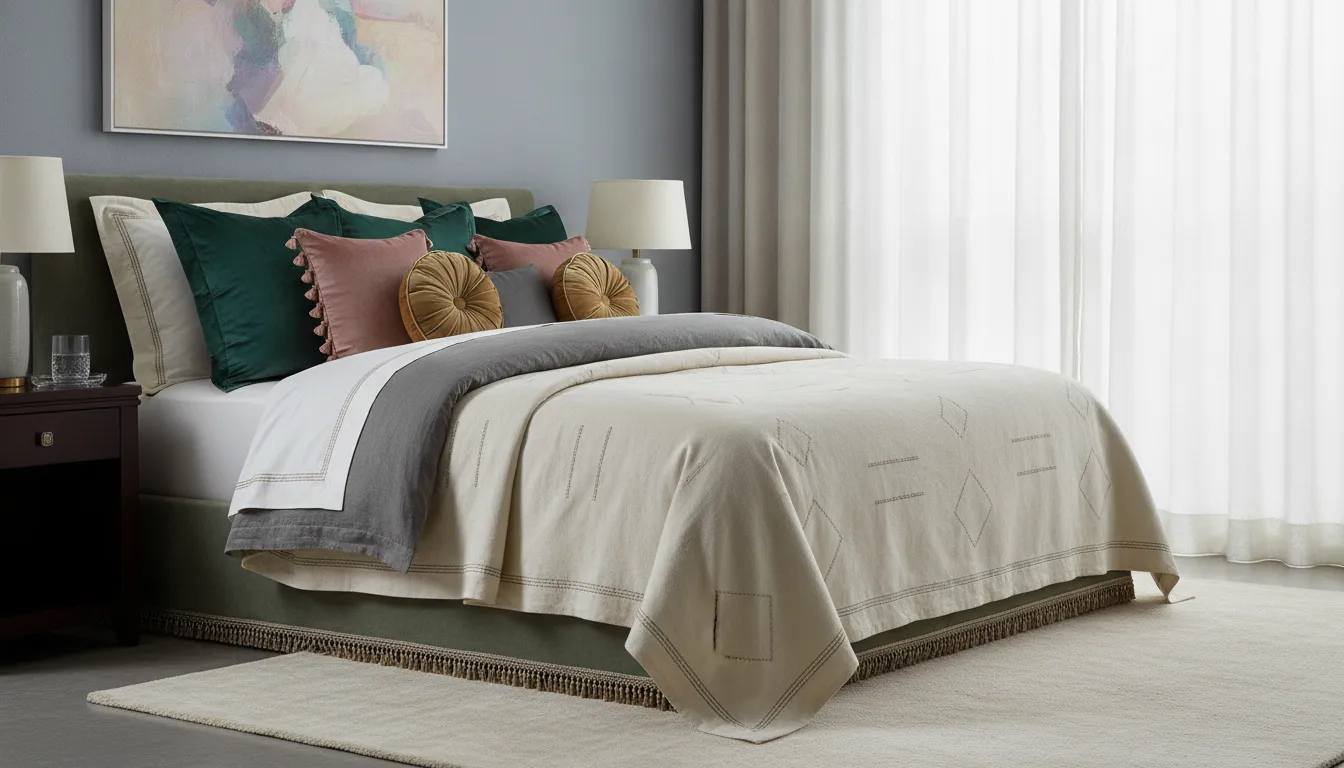 Elegant bed styled with layered luxury textiles and decorative pillows