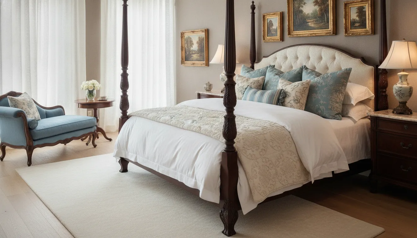 Luxury layered bed with duvet, quilted coverlet, and decorative pillows in soft neutral tones