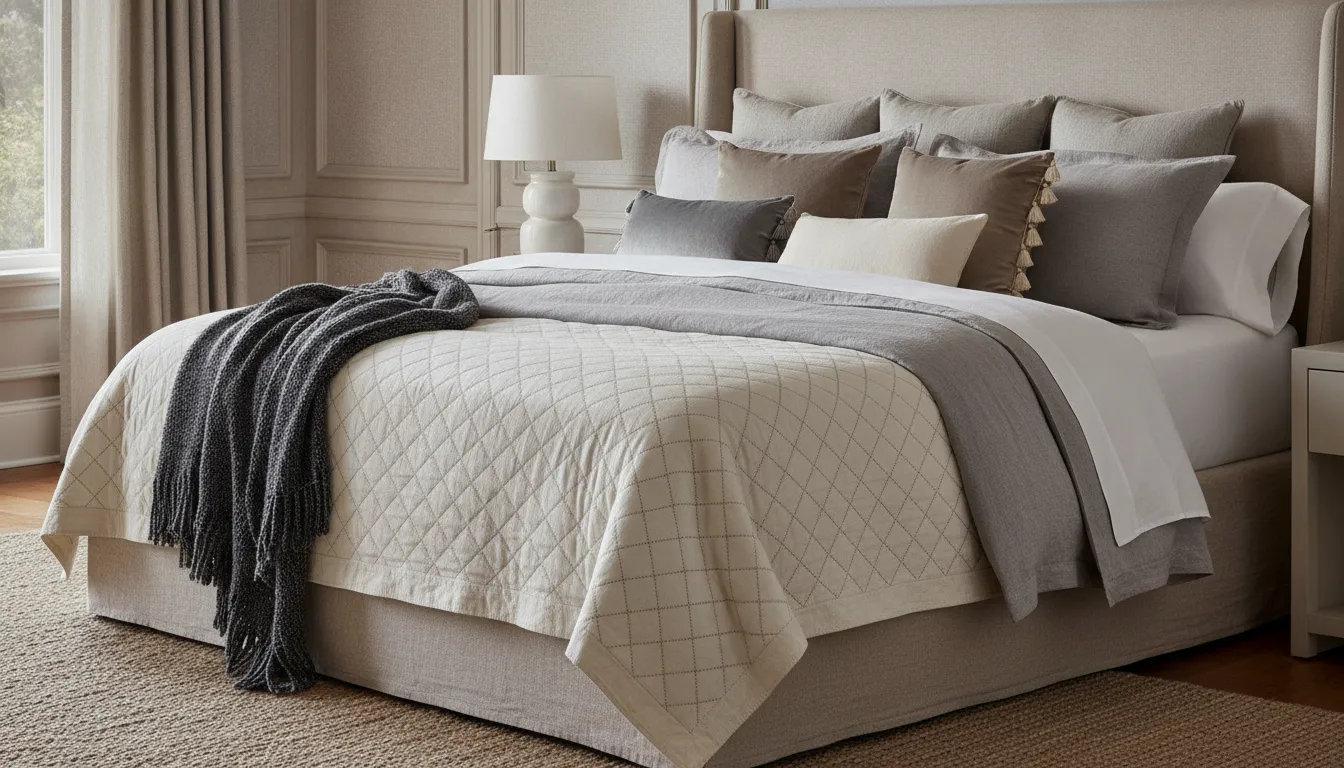 Interior designer bedding layered with a coverlet, duvet, pillows, and throw
