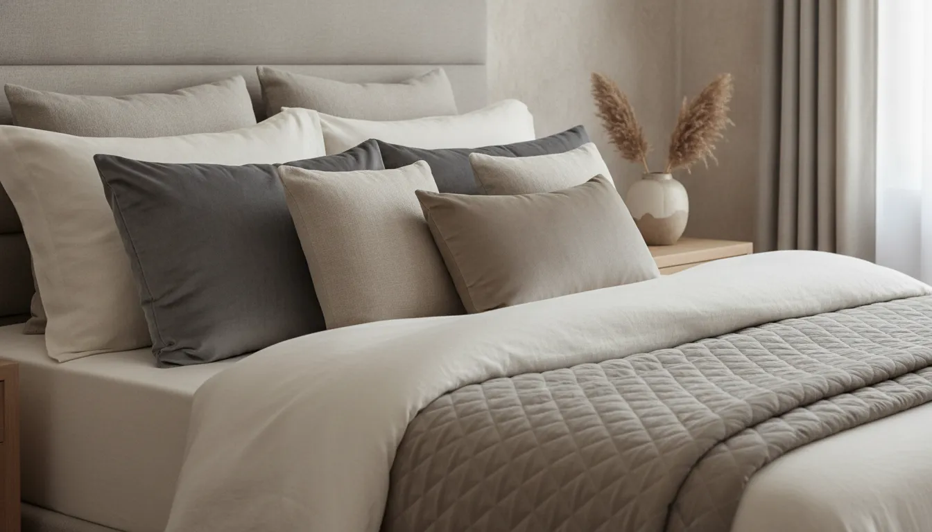 Layered luxury bedding outlet textiles with velvet pillows and a quilted coverlet