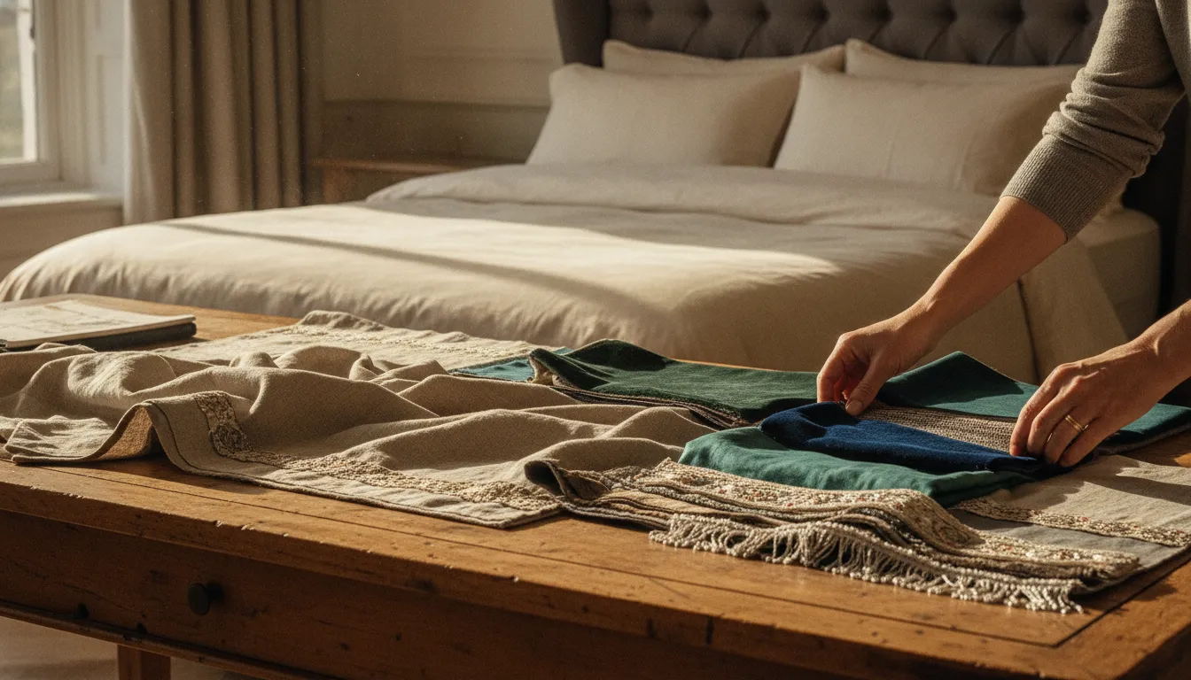 Designer arranging refined textiles for custom made to order bedding