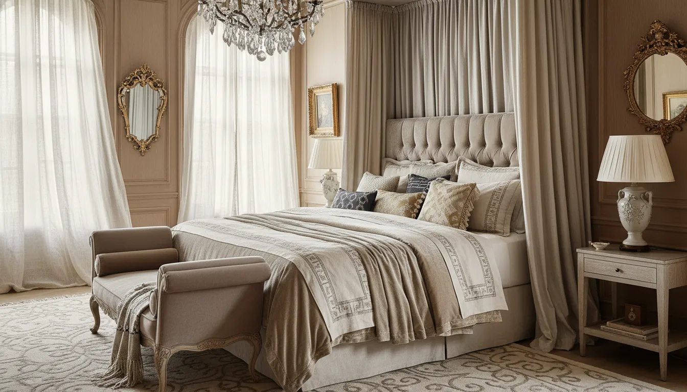 Elegant bedroom styled with layered luxury throw pillows